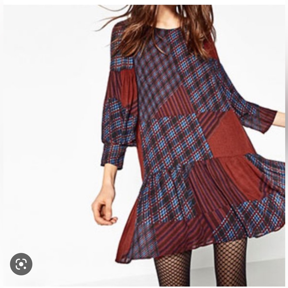 Zara Trafaluc Collection Flowing Patchwork Plaid Red / Blue Dress Size XS